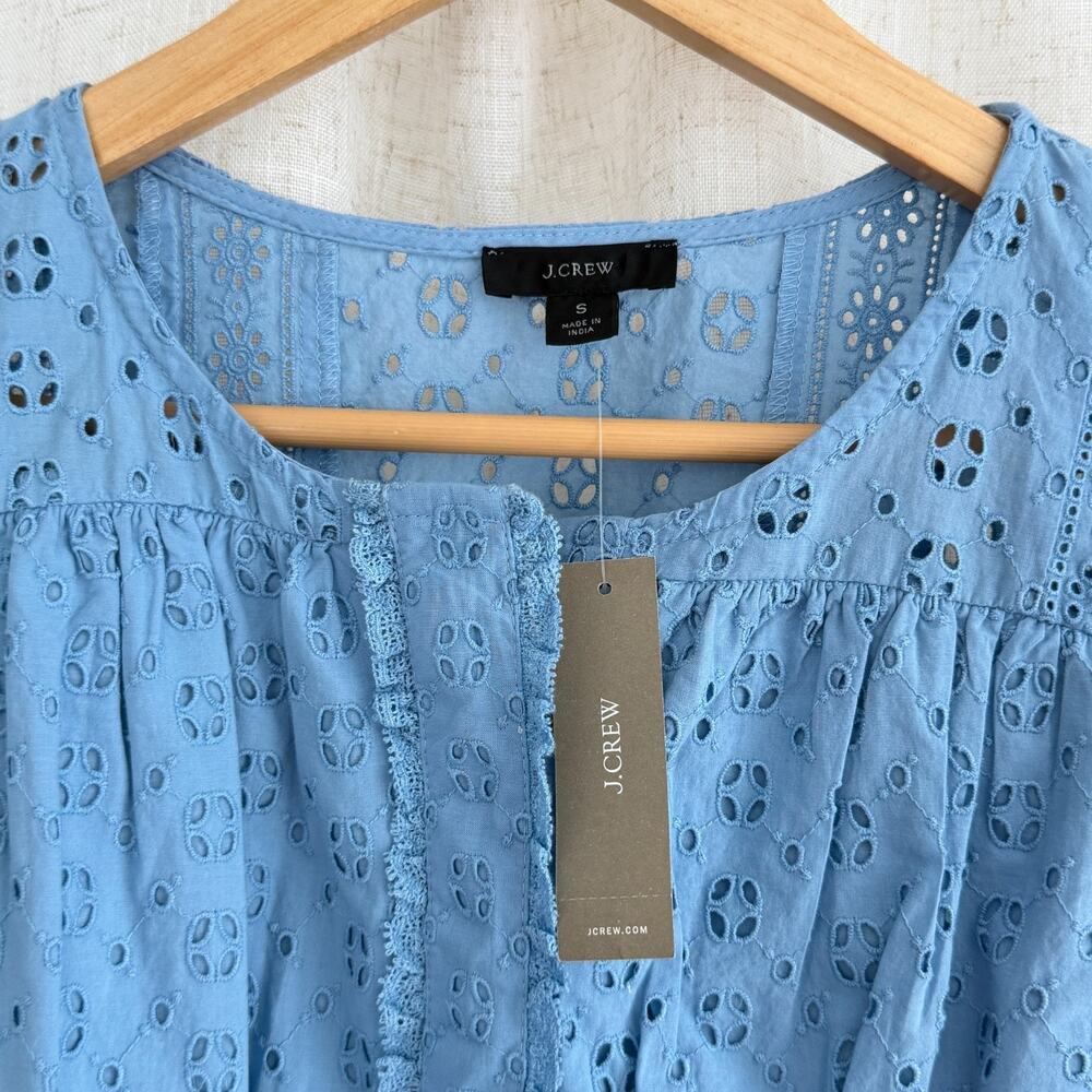J. Crew Blouse Womens Small Blue Eyelet Cottagecore Coquette Romantic Milkmaid - Picture 4 of 9